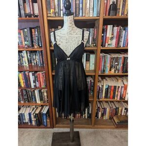 Vtg BETSEY JOHNSON Black L ACCORDION Chiffon BABYDOLL Negilee Chemise Pink Bows